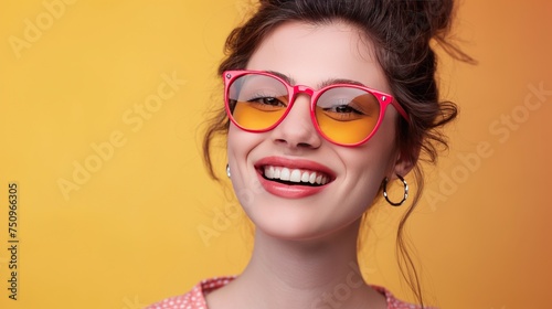 Positive smiling and happy model young woman in sunglasses with yellow lenses rejoices at an important event  holiday on a yellow background