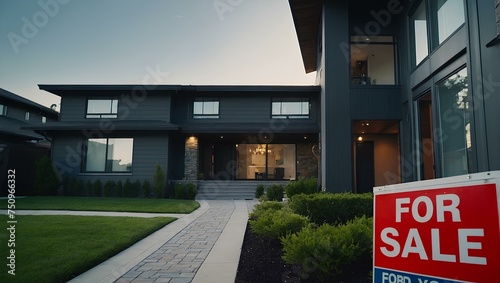 For sale sign in front of modern house.