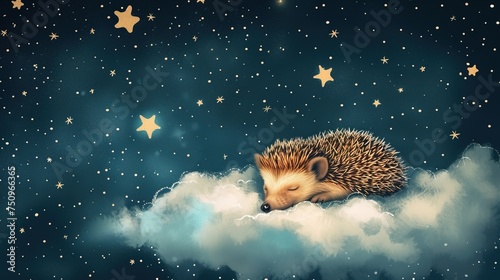 Little hedgehog calmly sleeping on a white cloud with background of the starry sky, children's sleep, fairy-tale dreams