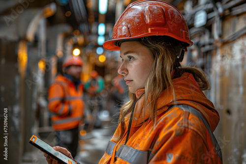 A young blonde woman in her 20s, an engineer, concentrates with a tablet and controls the progress of construction work dressed in construction clothes and a hard hat