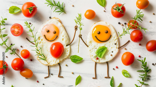 Fried eggs in the form of funny characters with eyes, arms and legs, surrounded by tomatoes and greens. Top view. White background. © Nonna