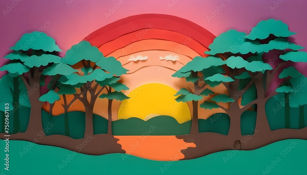 Colorful dreamscape with trees and a sunset, all made from paper cutouts