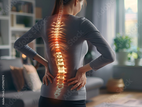 Female at home with a luminescent spine, symbolizing back pain and the need for spinal health care. photo