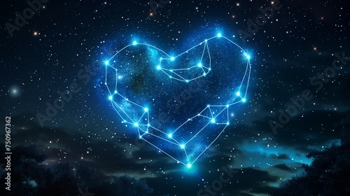 A magical image of a glowing, blue heart-shaped constellation in the night sky, with stars connecting to outline the heart.