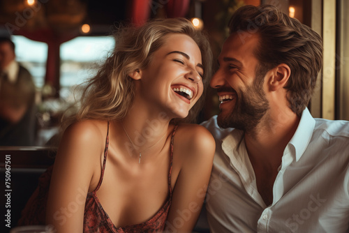 Young attractive adult copy enjoy dinner in romantic restaurant laughing and having fun together. Concept of people man and woman dating and eat lunch. Romance leisure activity photo