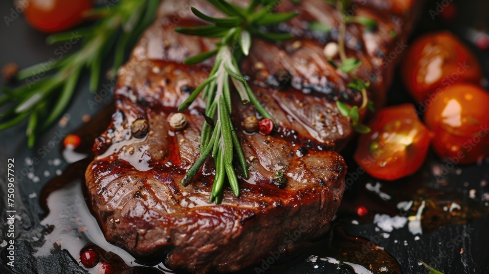 A piece of steak garnished with a sprig of fresh rosemary. Perfect for food and cooking concepts A piece of steak garnished with a sprig of fresh rosemary. Perfect for food and cooking concepts