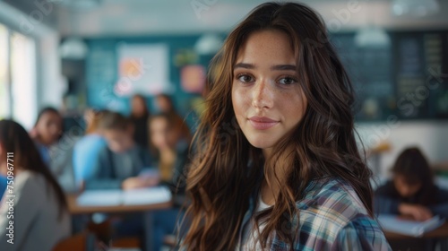 A young woman standing in front of a classroom full of students. Ideal for educational materials