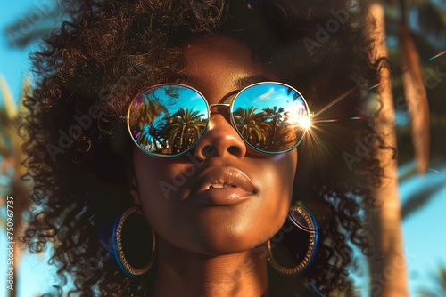 beautiful black woman wearing holographic sunglasses palm trees reflection in the glasses, summer vibes