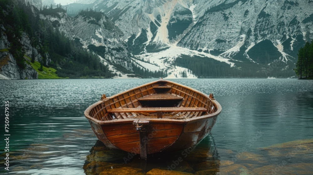 Small wooden boat on calm lake, perfect for nature or travel themes