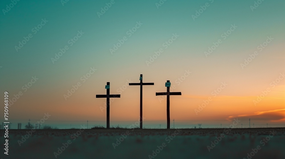A minimalist scene featuring three empty, rustic wooden crosses silhouetted against a dramatic sky at dusk, capturing the essence of Good Friday. A minimalist scene featuring three empty, rustic wooden crosses silhouetted against a dramatic sky at dusk, capturing the essence of Good Friday.