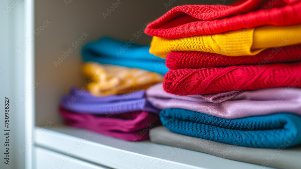 Stack of folded colorful clothes on white wardrobe shelf at home ...