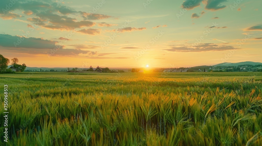 A beautiful sunset over a lush green grass field. Perfect for nature backgrounds
