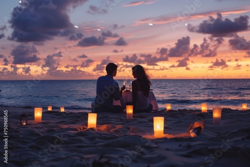 A romantic scene on the beach with candles, perfect for wedding or anniversary concepts
