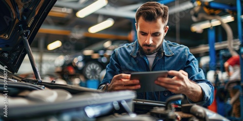An auto mechanic with a tablet at a repair shop with open hood
