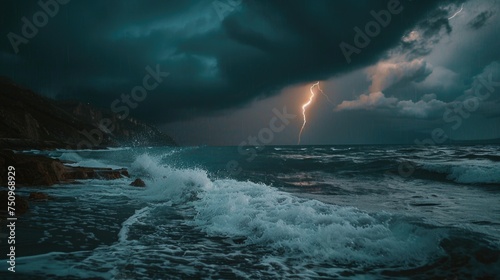 A striking image of a lightning bolt in the sky over a body of water. Perfect for illustrating the power of nature