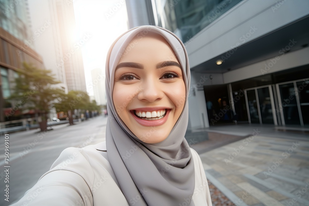 Harmonious Selfie of muslim woman at street. Couple female camera looking. Generate Ai Harmonious Selfie of muslim woman at street. Couple female camera looking. Generate Ai