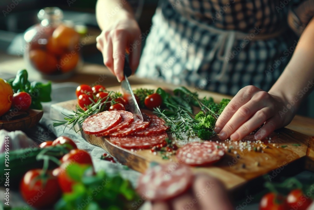 A person cutting meat on a cutting board, ideal for food and cooking concepts