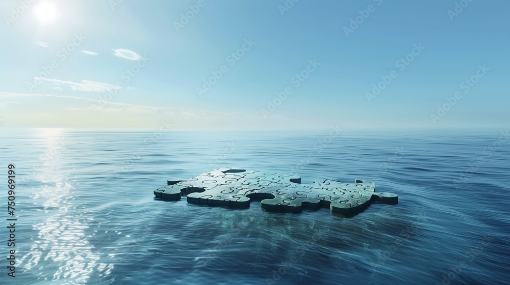 A serene image of a puzzle piece-shaped island floating in a vast, calm ocean under a clear blue sky.