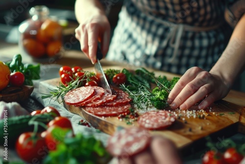 A person cutting meat on a cutting board, ideal for food and cooking concepts