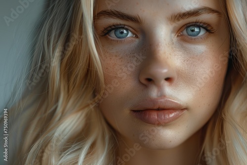 A close up of a woman with freckles on her face. Perfect for beauty and skincare concepts