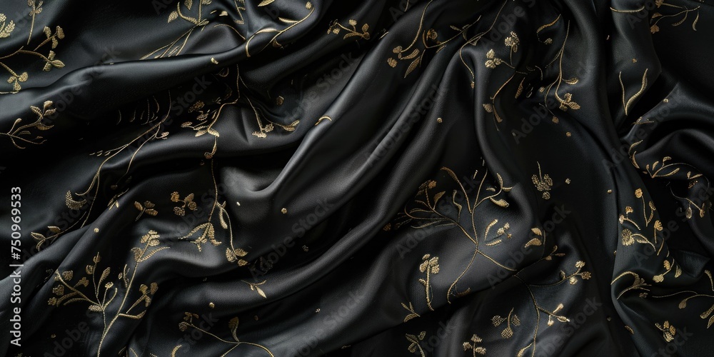 Detailed close up of black fabric with elegant gold flowers, ideal for fashion or textile design projects Detailed close up of black fabric with elegant gold flowers, ideal for fashion or textile design projects