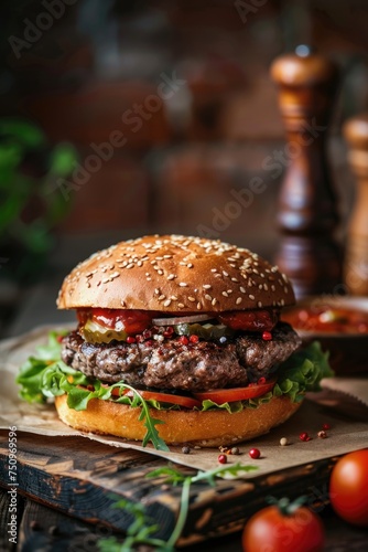 A delicious hamburger sitting on a wooden cutting board, perfect for food blogs or restaurant menus