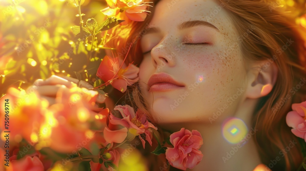 Fototapeta premium A woman with freckles and flowers in her hair. Suitable for beauty and nature concepts