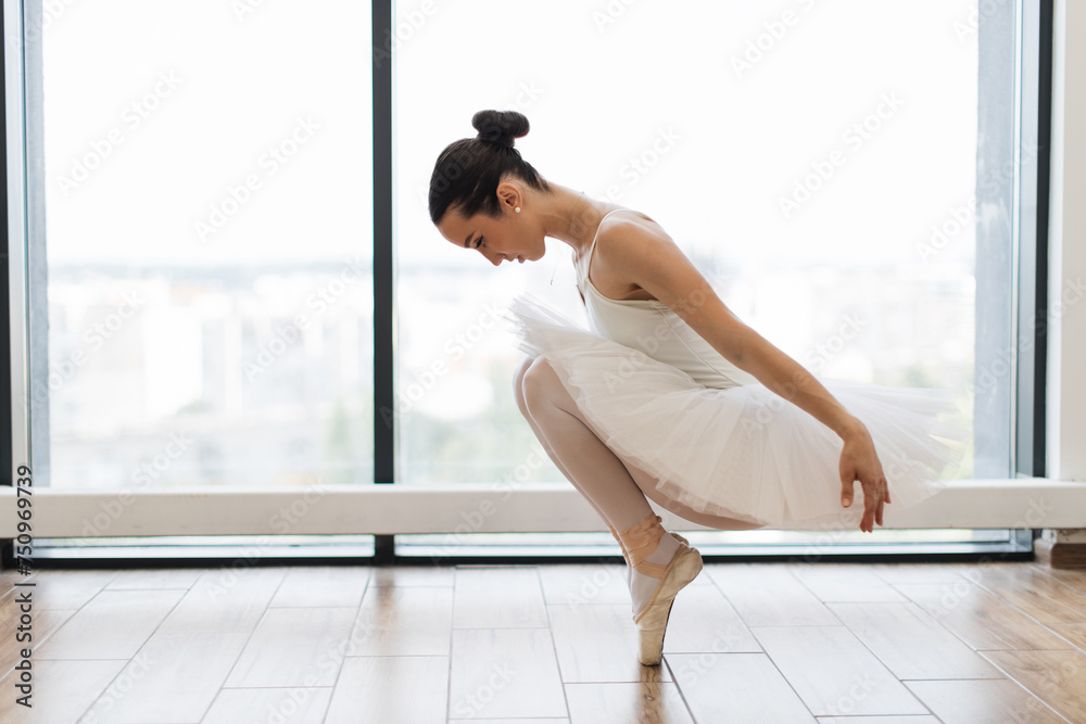 Classical Caucasian Ballet dancer side view. Beautiful graceful ballerina in white practice ballet plie positions near large window in light hall. Ballet class training, copy space. Classical Caucasian Ballet dancer side view. Beautiful graceful ballerina in white practice ballet plie positions near large window in light hall. Ballet class training, copy space.