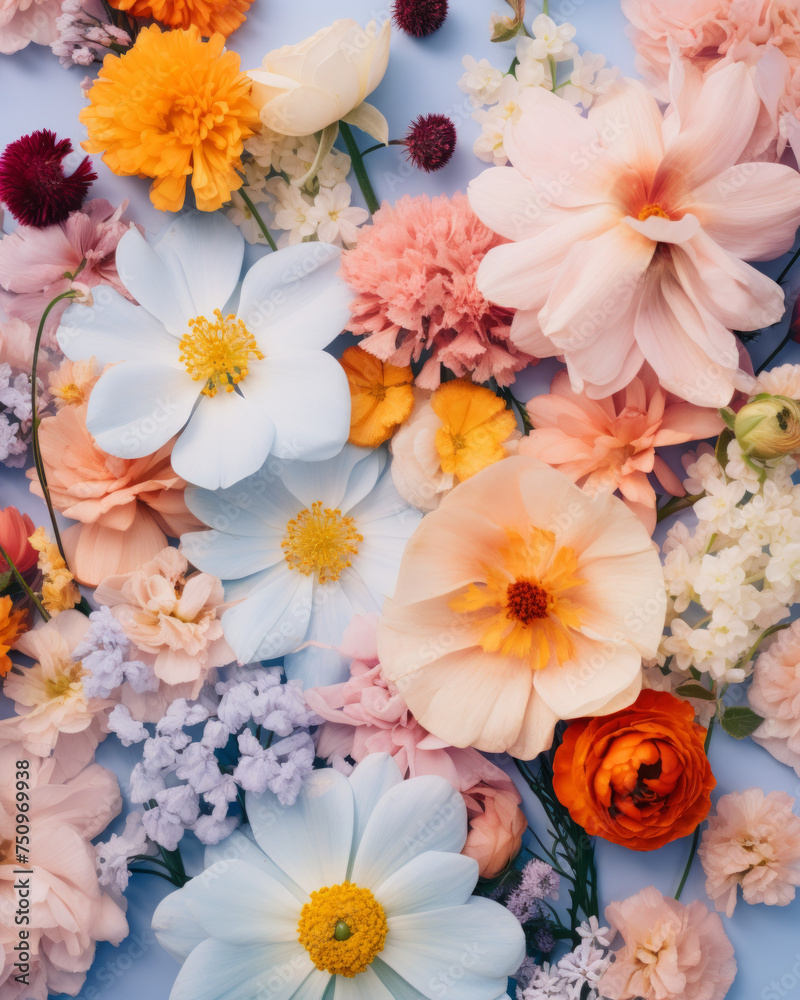 Fresh spring blossoming flowers in various harmonious colors on a blue background, creatively arranged, with mild, gentle, and complementary hues. Fresh spring blossoming flowers in various harmonious colors on a blue background, creatively arranged, with mild, gentle, and complementary hues.