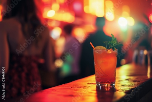 Close up on a drink in a club with people in the blurred background.