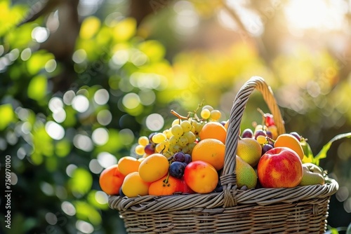 A basket of fruit standing outside in a sunlit area.