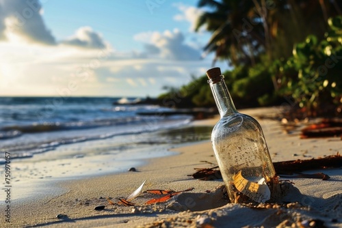 A message in a bottle at a tropical beach.