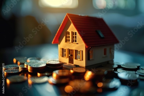 Miniature toy house sitting on top of a pile of coins. Ideal for financial concepts