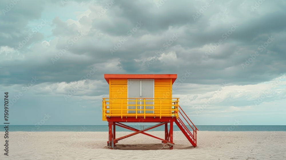 Lifeguard stand on the beach under a cloudy sky. Suitable for beach safety concept