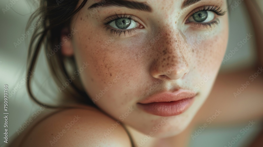 Close up of a woman with freckles on her face. Perfect for beauty and skincare concepts Close up of a woman with freckles on her face. Perfect for beauty and skincare concepts