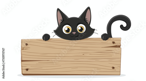 Black cat with wooden sign isolated on white backgro