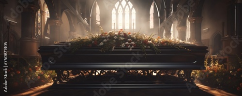 Coffin in the middle of a church at funeral with perfect light, banner. Generative Ai. photo