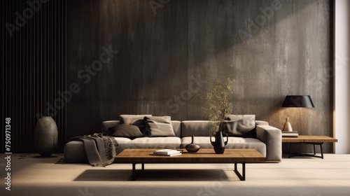 A sophisticated living room with a textured wall finish in charcoal