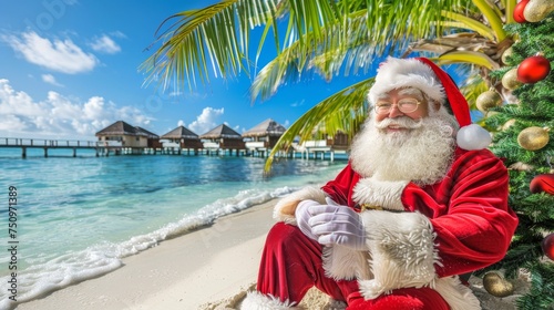 Santa claus lounging on a tropical beach with space for text and design creativity. © Ilja