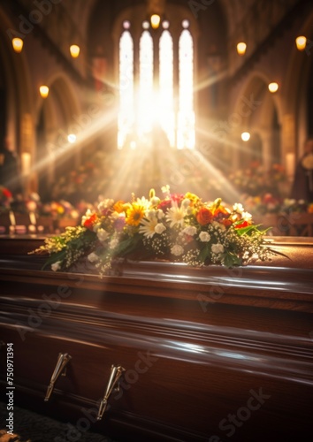 Coffin in a church at funeral with perfect light and flowers. Generative Ai.