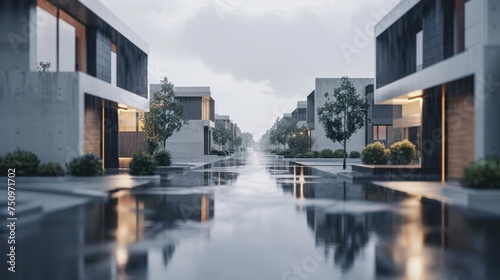 A rainy street with buildings in the background, perfect for urban scenes