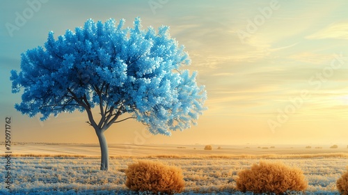An ethereal view of a lone tree in a vibrant, open field, with its leaves in varying shades of blue, reflecting the diversity of the autism spectrum.