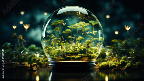 Transparent glass sphere encases a miniature forest, capturing the serene beauty of nature within a confined space, ideal for artistic and imaginative concepts.