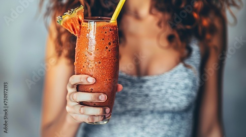 Woman holding detox smoothie in bright living room, healthy lifestyle concept with copy space