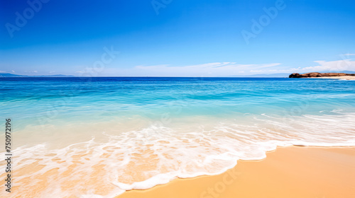 A picturesque coastline scene featuring crystal clear waters and sun kissed sands  inviting viewers to relax and enjoy the beauty of a perfect beach day.