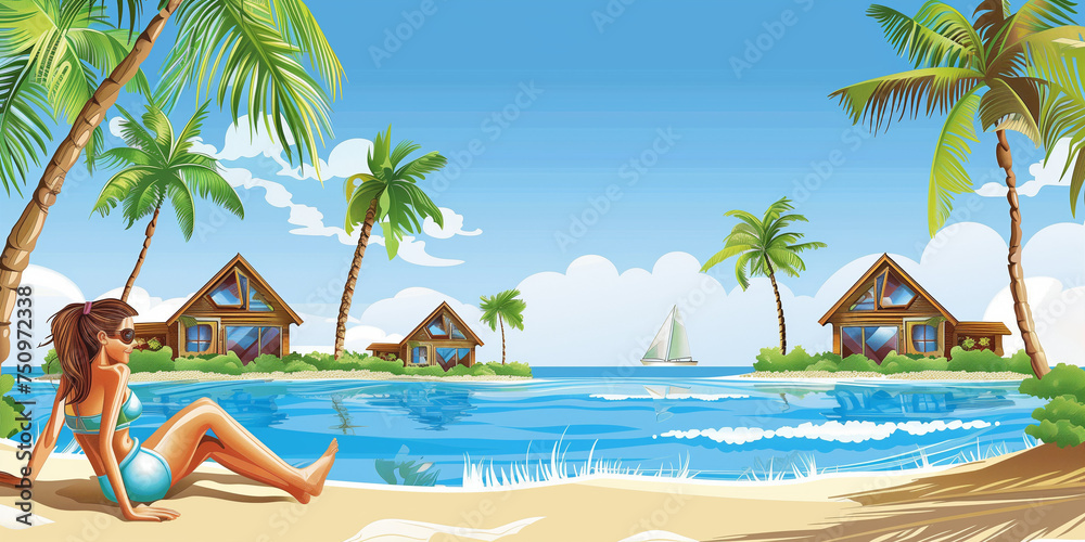 An illustration of a woman with a ponytail sitting on a beach beside the ocean, with hotel bungalows visible in the distance