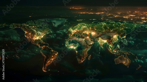 Global Healing A World Map with Highlighted Malaria-Free Zones, Glowing Against a Dark Background, Representing Progress and the Global Aim to Eliminate Malaria