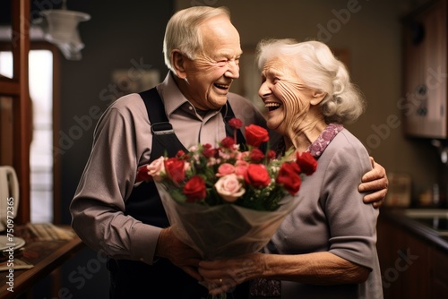 Senior man surprises wife with flowers. Happy romantic couple on valentines day. Generate Ai © juliars
