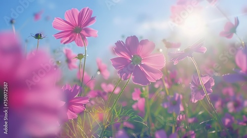 A field of pink flowers with the sun shining in the background. Perfect for nature and springtime concepts