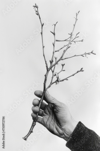 A black and white photo of a person holding a twig. Suitable for various design projects